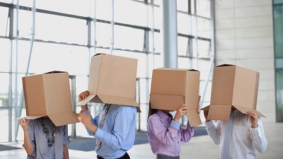 People with boxes on their heads