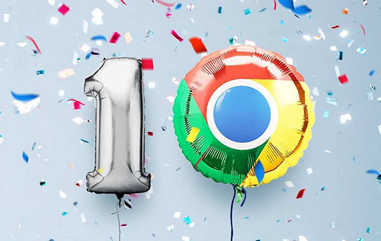 Ballons of a number one and a zero, with the zero being represented by Chrome's colored logo.