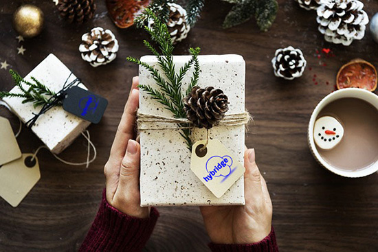 Hands holding a present with Hybridge's logo.